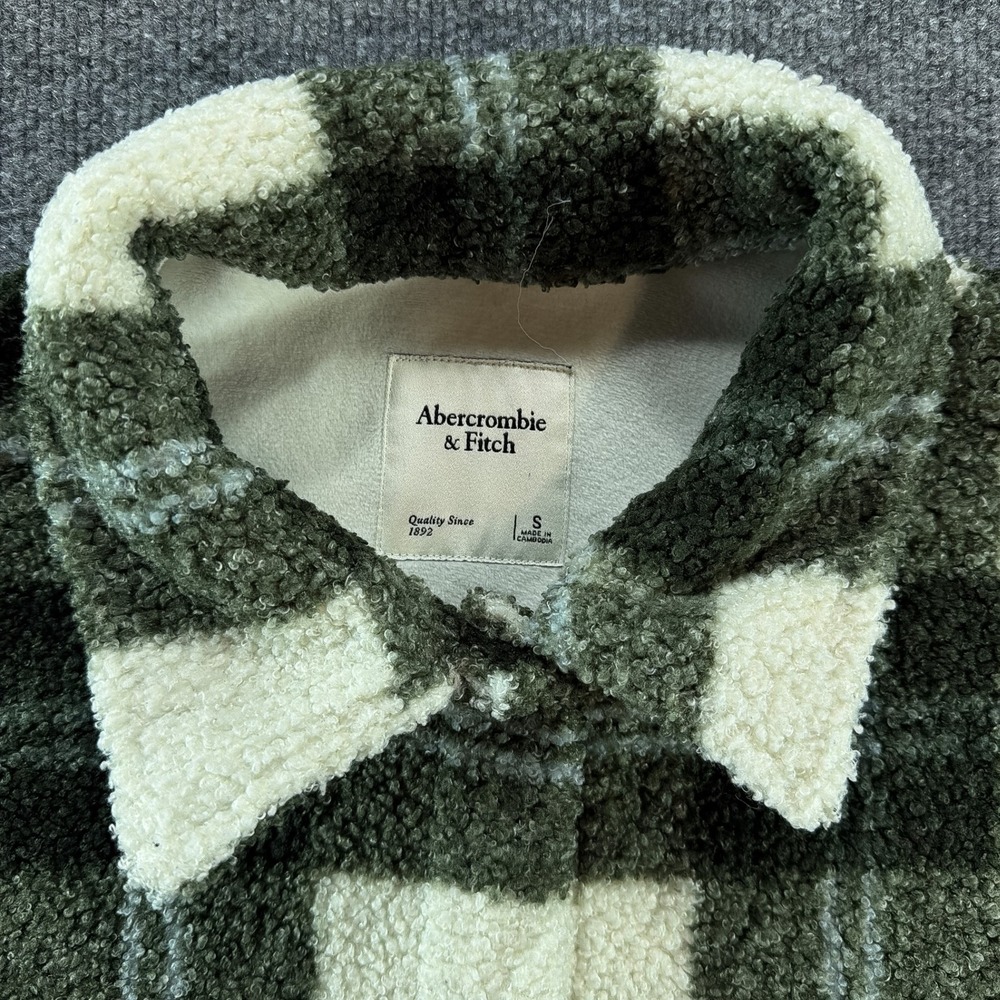 Abercrombie & Fitch Green Plaid Cropped Faux Fur Sherpa Shacket Jacket Sm Fall - Picture 3 of 7